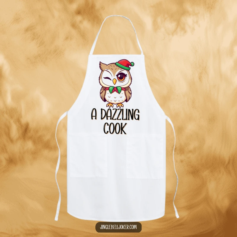 Funny apron design of an owl in a jester collar, humorously attempting a wink with holiday glitter accent.
