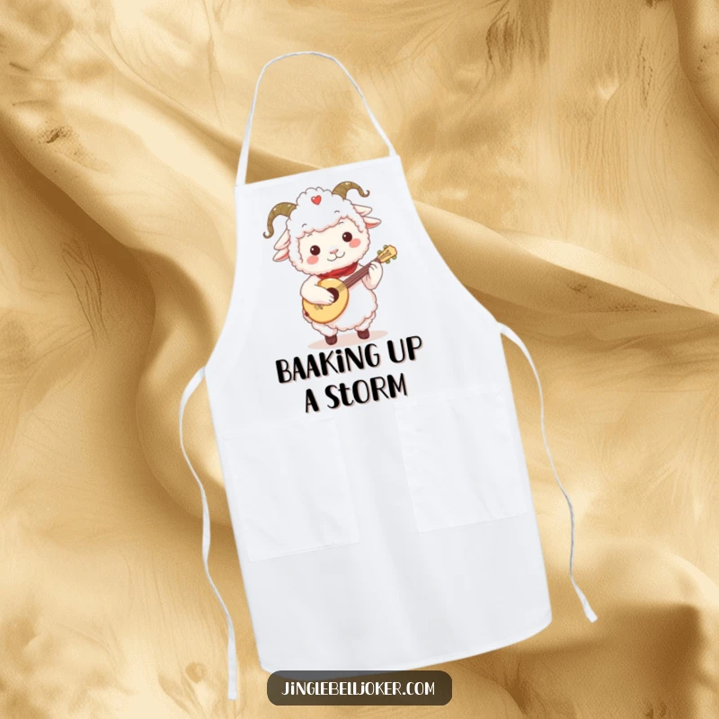 Funny Sheep Jester Apron: Fluffy sheep character with a jester collar, playing a tiny festive lute, musical kitchen wear.