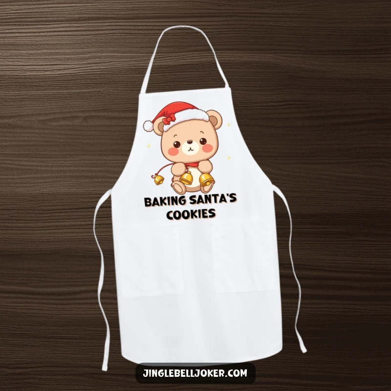 Funny apron with a kawaii bear in festive attire, happily juggling jingle bells, perfect for holiday cooking.