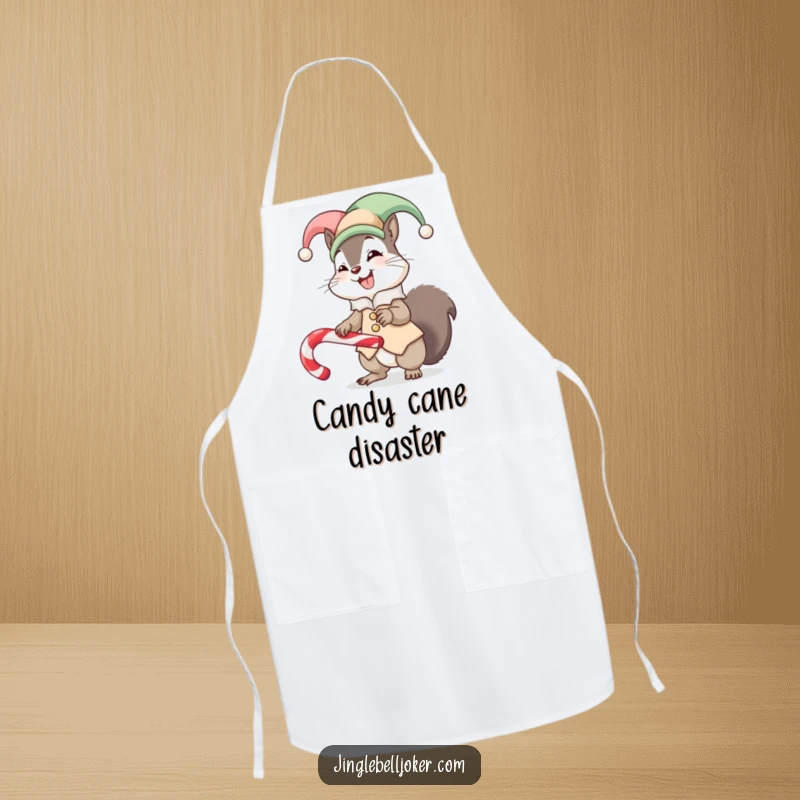 Funny apron showing a giggling squirrel in a jester outfit, hilariously attempting to balance a candy cane while cooking, adding humor to meals.