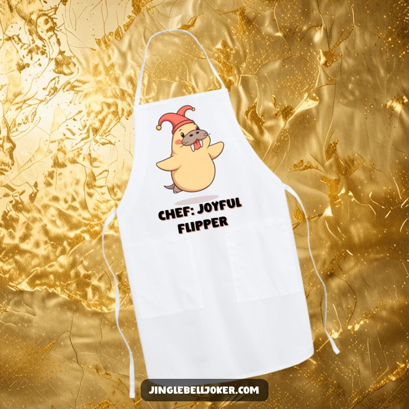 Funny Walrus Apron: Cheerful walrus in a jester hat doing a playful skip, great for kitchen fun.