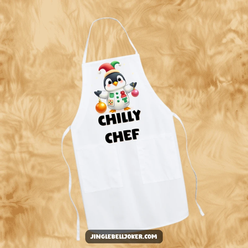 Funny apron depicting a fluffy penguin in a jester hat juggling Christmas baubles, adding a playful and festive touch to holiday cooking.