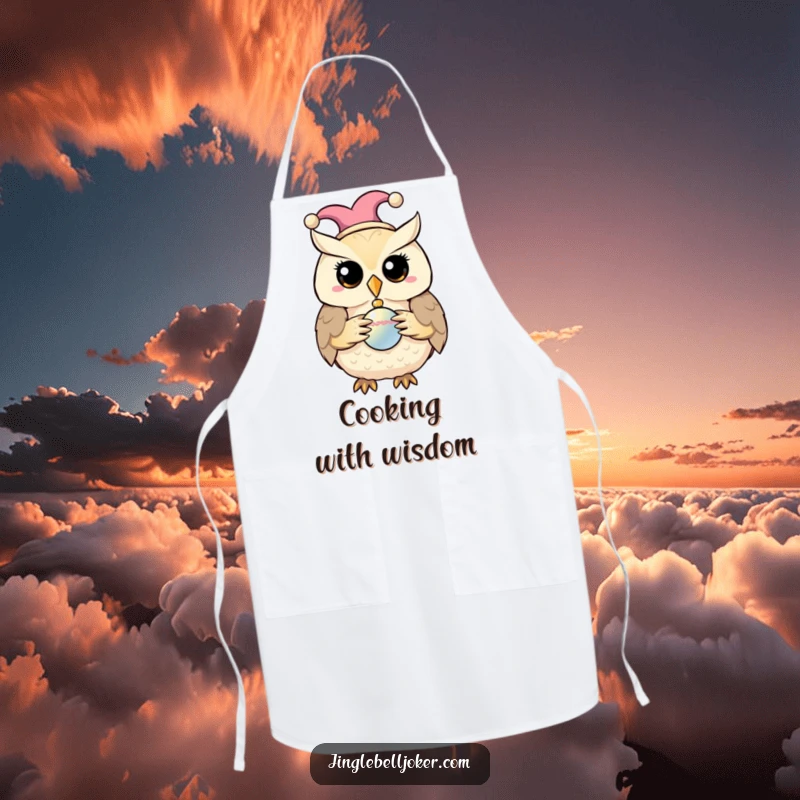 Funny apron depicting a jester owl holding a shiny bauble, ideal for creative cooking.