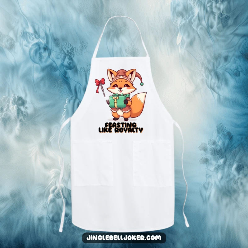 Funny fox jester apron featuring a festive character in jester attire holding a sparkling gift, perfect for holiday cooking.