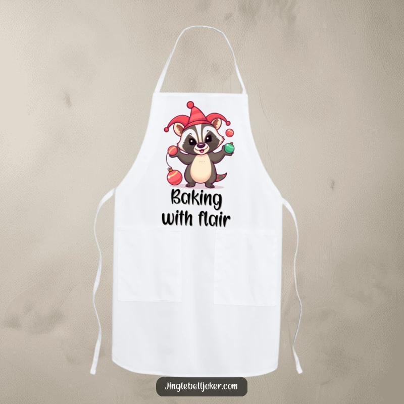 Funny Apron: A badger in a jester hat comically juggles festive baubles, ideal for holiday cooking.