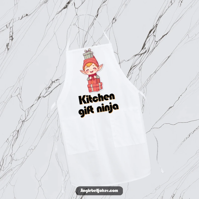 Funny apron with a giggling elf character humorously balancing a stack of gifts on its head, perfect for festive kitchen fun.