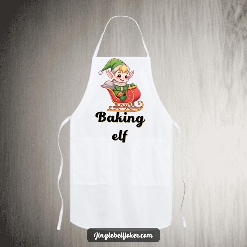Funny apron featuring a giddy elf riding a tiny, jingling sleigh, ideal for kitchen use and adding holiday humor to cooking.