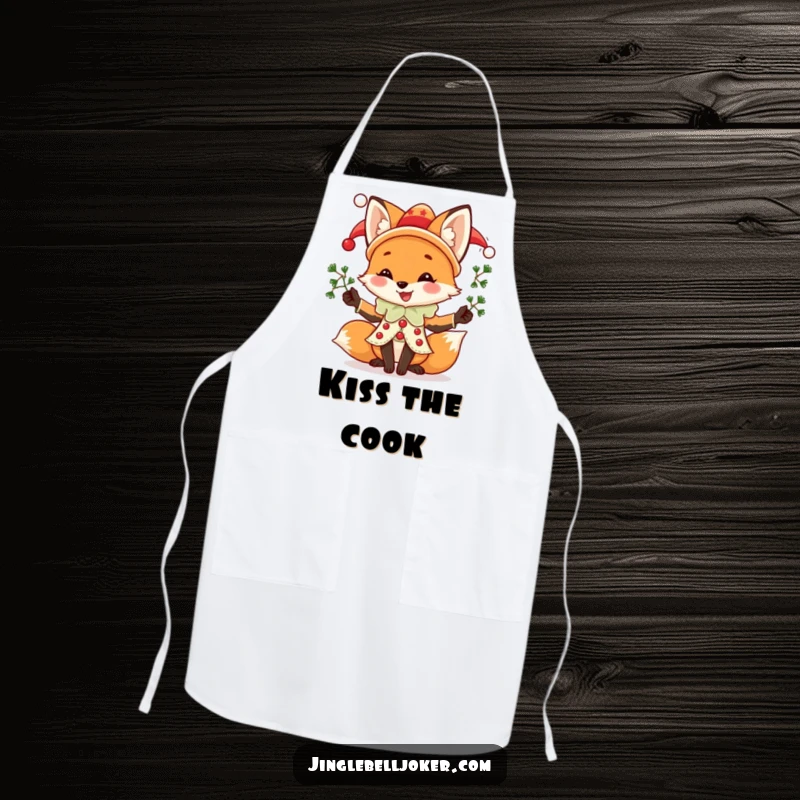 Funny Fox Jester Apron, a joyful fox in jester attire juggling mistletoe sprigs, perfect for humorous holiday cooking.