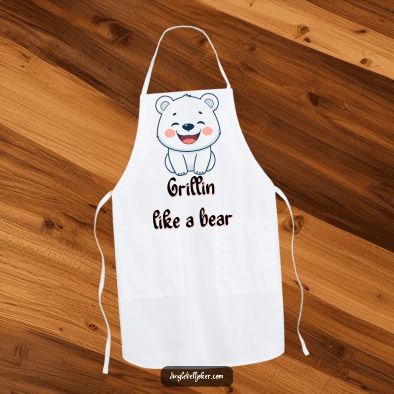 Funny apron depicting a happy polar bear with a wide grin, ideal for cheerful cooking.