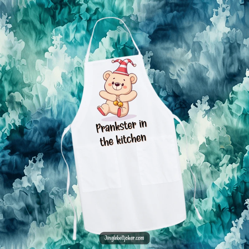 Funny apron featuring a bear in a jester hat and bells, humorously tripping while preparing holiday feasts.