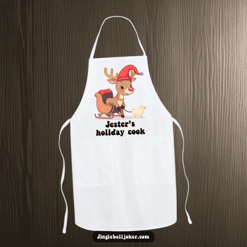 Funny kitchen apron featuring a brave reindeer wearing a jester hat, humorously trying to pull a tiny sleigh, great for festive cooking.