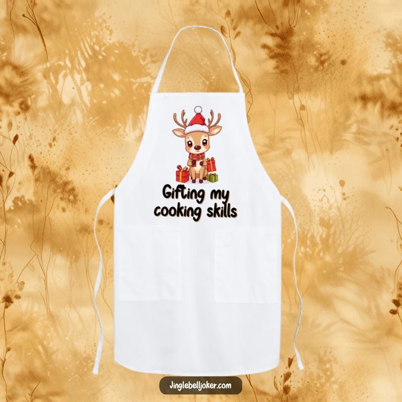 Funny apron showing a deer wearing a Santa hat curiously juggling gifts, perfect for festive cooking.