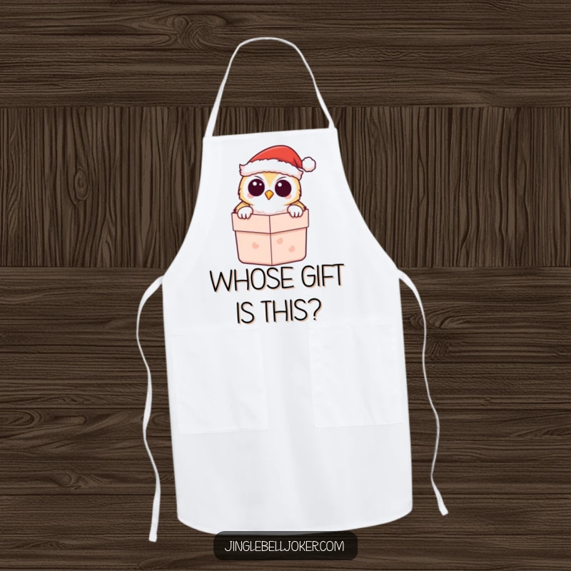 Funny Kawaii Owl Santa Apron, showing a cute owl in a Santa hat peeking from a gift box, ready for baking.