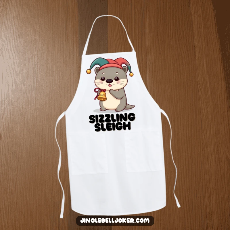Funny Otter Jester Apron, a cute otter in a jester hat ringing a miniature sleigh bell, perfect for humorous festive cooking.