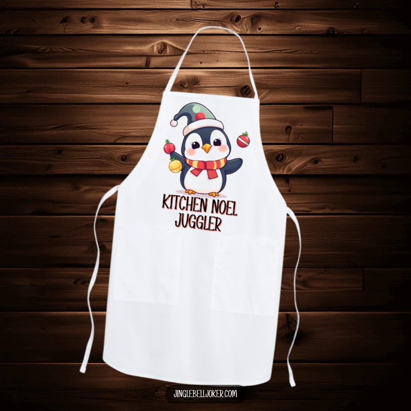 Funny Penguin Apron: Cute penguin in a jester hat juggling colorful Christmas ornaments, for holiday kitchen fun.