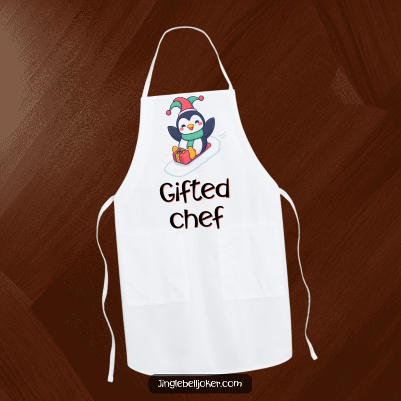 Funny Penguin Jester Apron, a happy penguin in a jester hat sliding down a gift-wrapped slope, for humorous cooking.