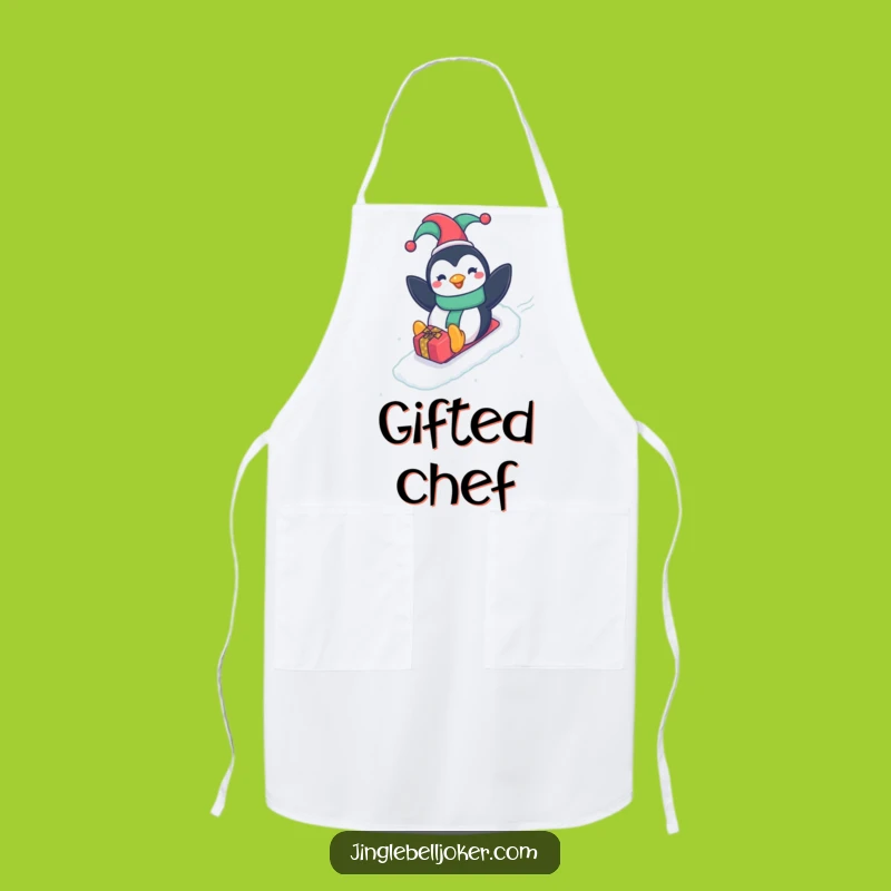 Funny Penguin Jester Apron: Kitchen Fun Sliding Down Slope