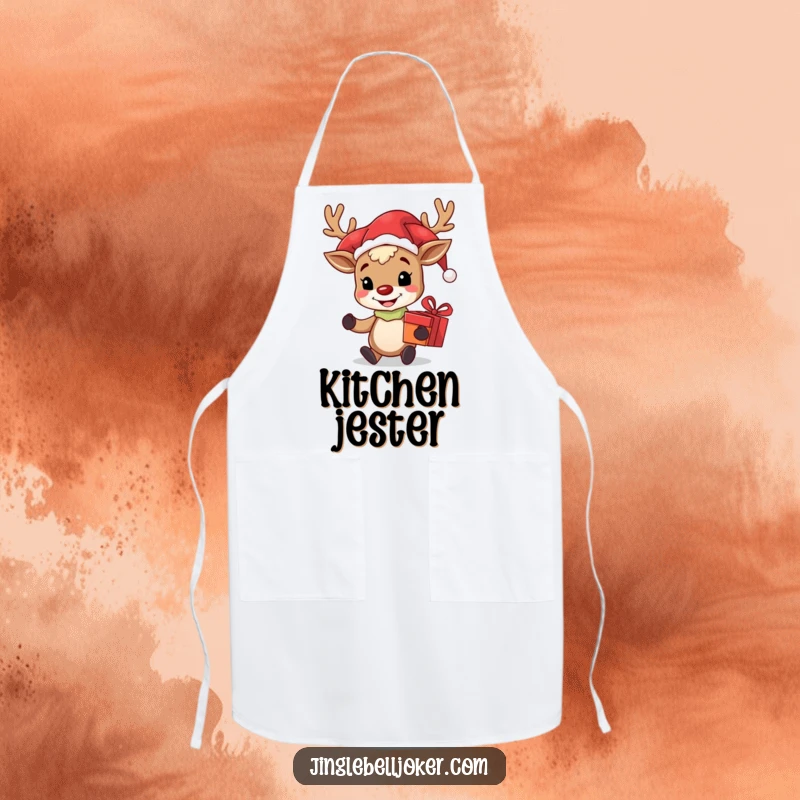 Funny apron featuring a grinning reindeer jester holding a gift, ideal for kitchen use and adding holiday humor to cooking.