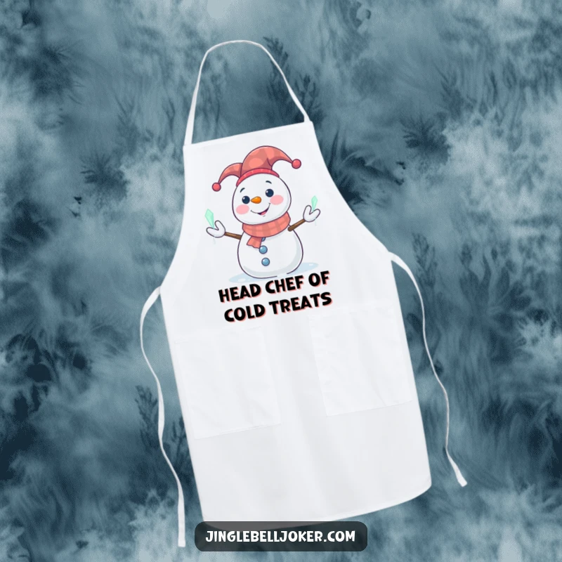 Funny Snowman Apron: Smiling snowman in a jester hat juggling glowing icicles, great for winter kitchen fun.