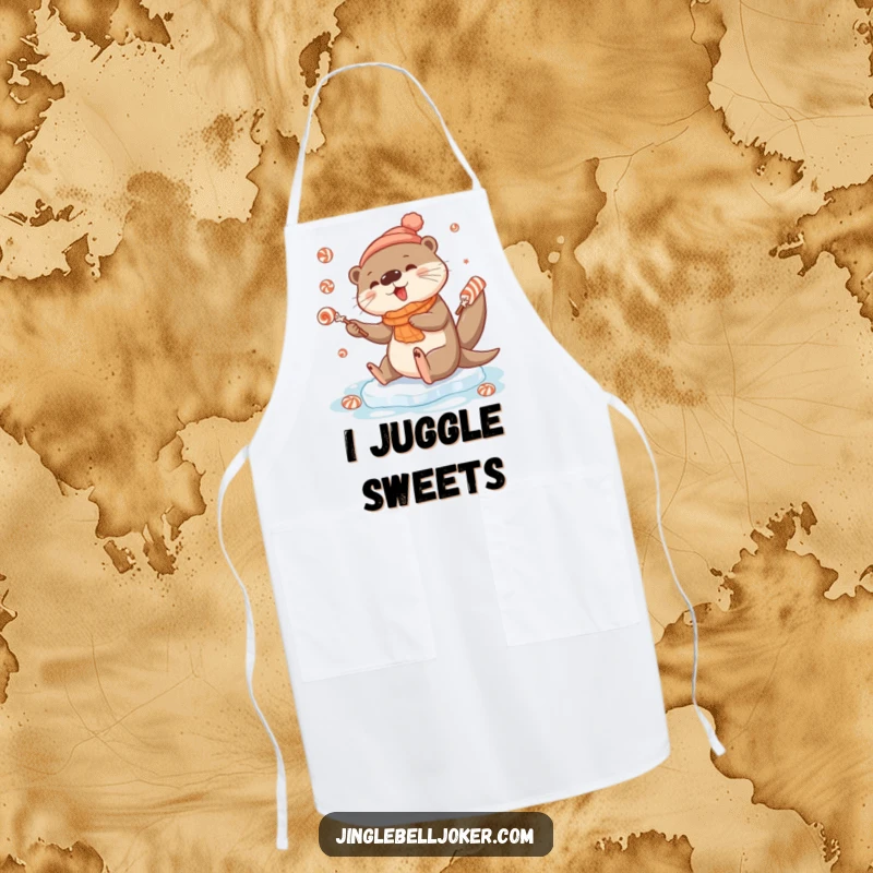 Funny apron featuring a cute otter character comically losing balance while juggling festive candies on a slippery ice patch.