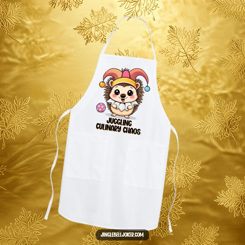 Funny Jester Hedgehog Apron: A cheerful hedgehog in a jester ruff juggles ornaments while ready to cook and entertain.