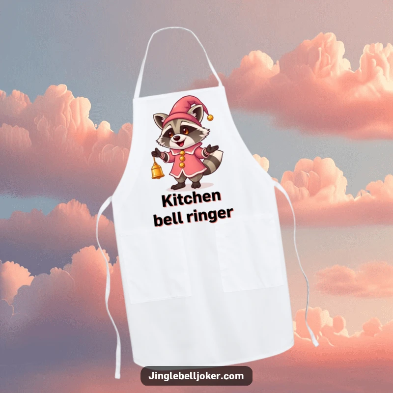 Funny Jester Raccoon Apron: A raccoon in jester outfit juggling bells, perfect for fun cooking.