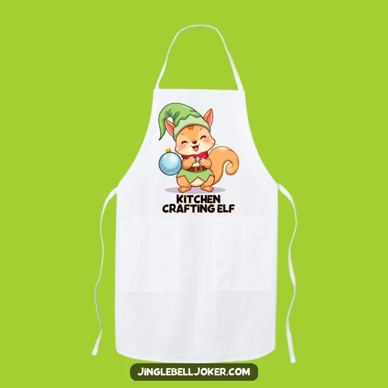 Funny Kawaii Elf Squirrel Apron: Cute Christmas Character Holding Ornament, Kitchen Funny Gift