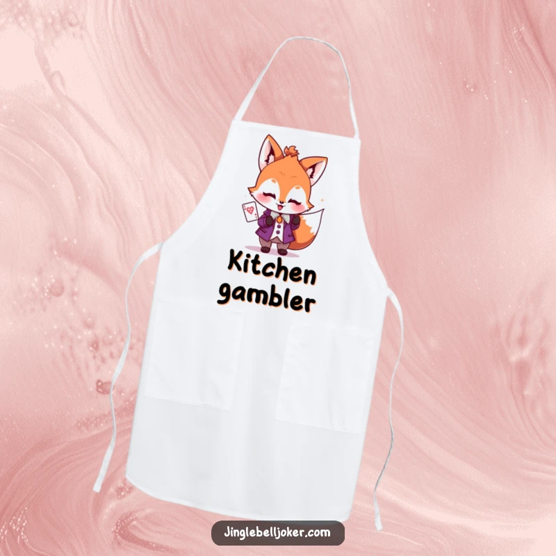 Funny apron featuring a blushing fox dressed as a joker, holding a sparkly playing card, perfect for kitchen games.