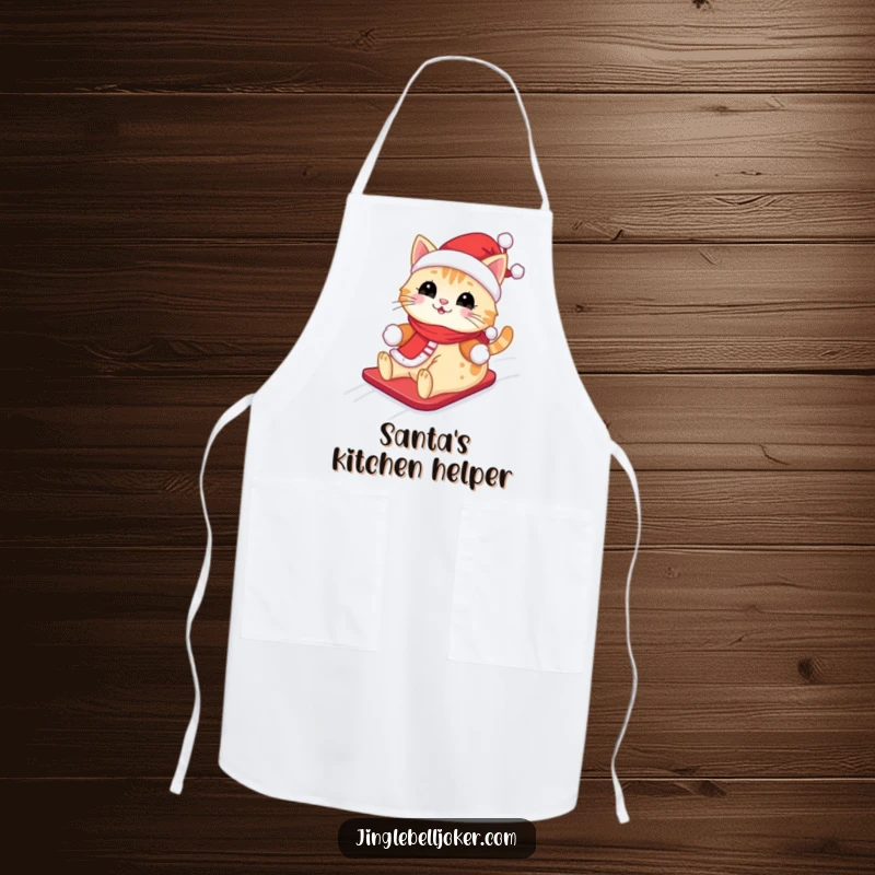 Funny Kawaii Santa Cat Apron: A cute cat wearing a Santa outfit, happily sliding down a snowy hill, for festive cooking.