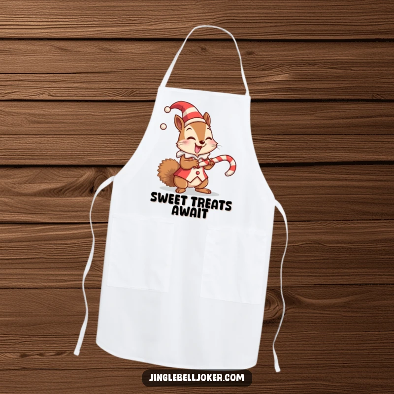 Funny apron design of a giggling squirrel in a jester suit balancing a candy cane, a sweet kitchen accessory.
