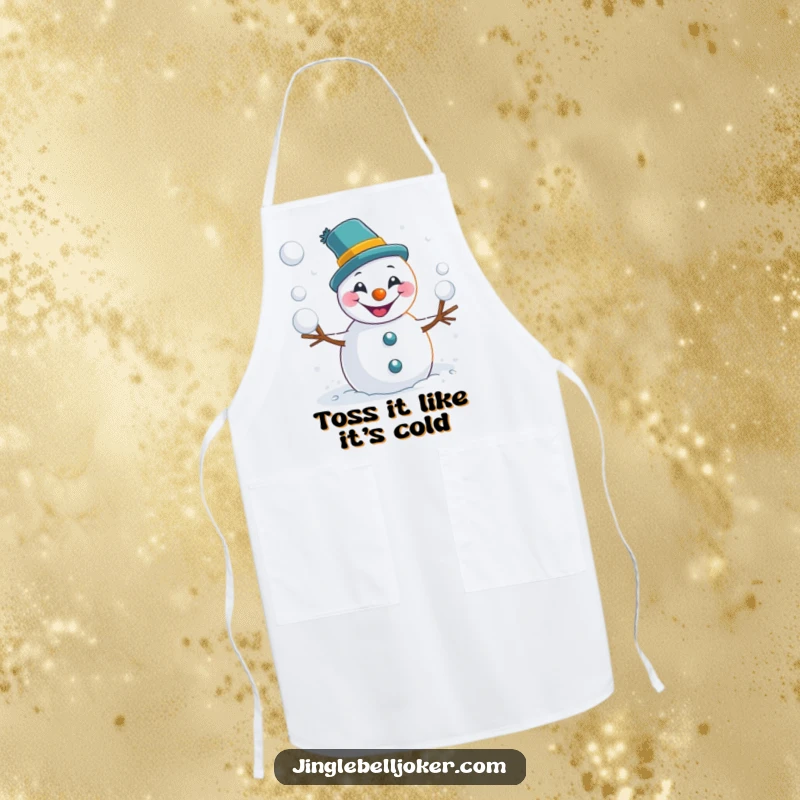 Funny snowman joker apron featuring a playful character tossing snowballs, ideal for chefs who enjoy a humorous cooking experience.