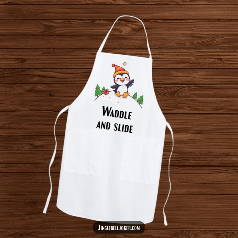 Funny apron with a cheerful penguin jester character sliding downhill, ready to bring some comic relief to kitchen duties.