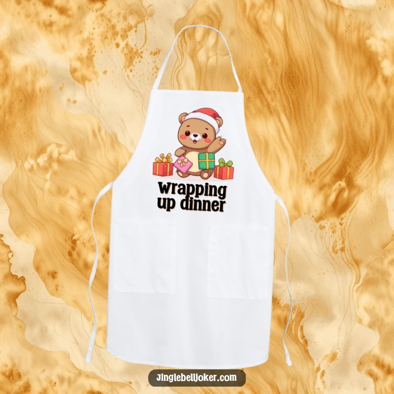 Funny kawaii bear Santa juggling gifts, a protective apron for festive cooking and baking, combining practicality with holiday humor.