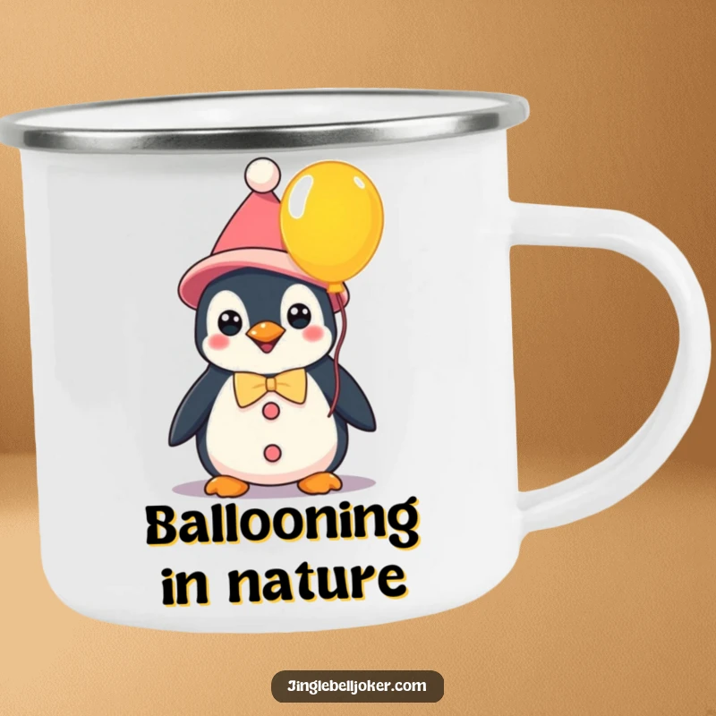 Funny kawaii penguin clown holding a balloon, a durable camping mug for outdoor enjoyment and spreading whimsical humor.