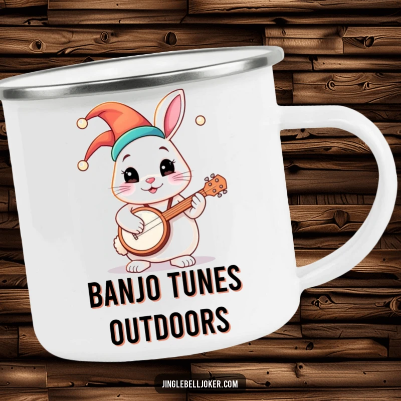 Funny camping mug with a round bunny in a jester hat, playing a tiny banjo, perfect for outdoor musical enjoyment.