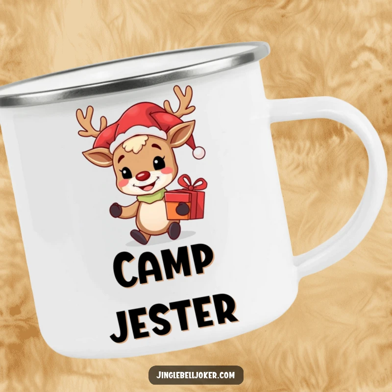 Funny camping mug featuring a reindeer jester holding a gift, perfect for holiday trips and adding cheer to outdoor drinks.