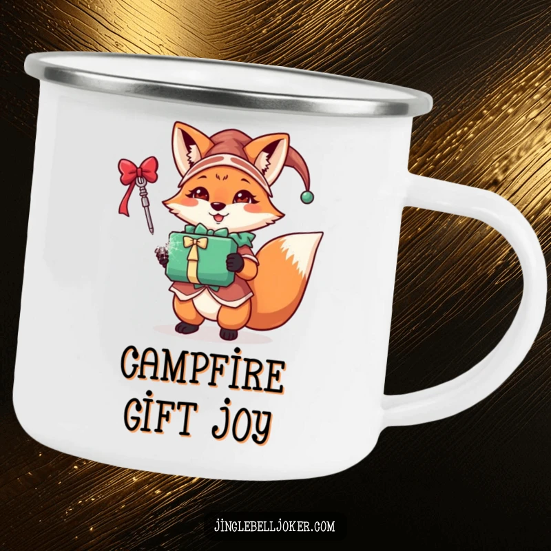 Funny fox jester camping mug showing a festive character in jester attire holding a sparkling gift, perfect for outdoor holidays.