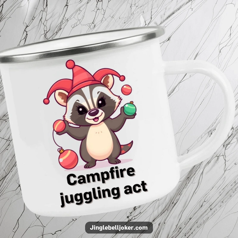 Funny Camping Mug: A badger in a jester hat comically juggles festive baubles, ideal for outdoor holiday cheer.