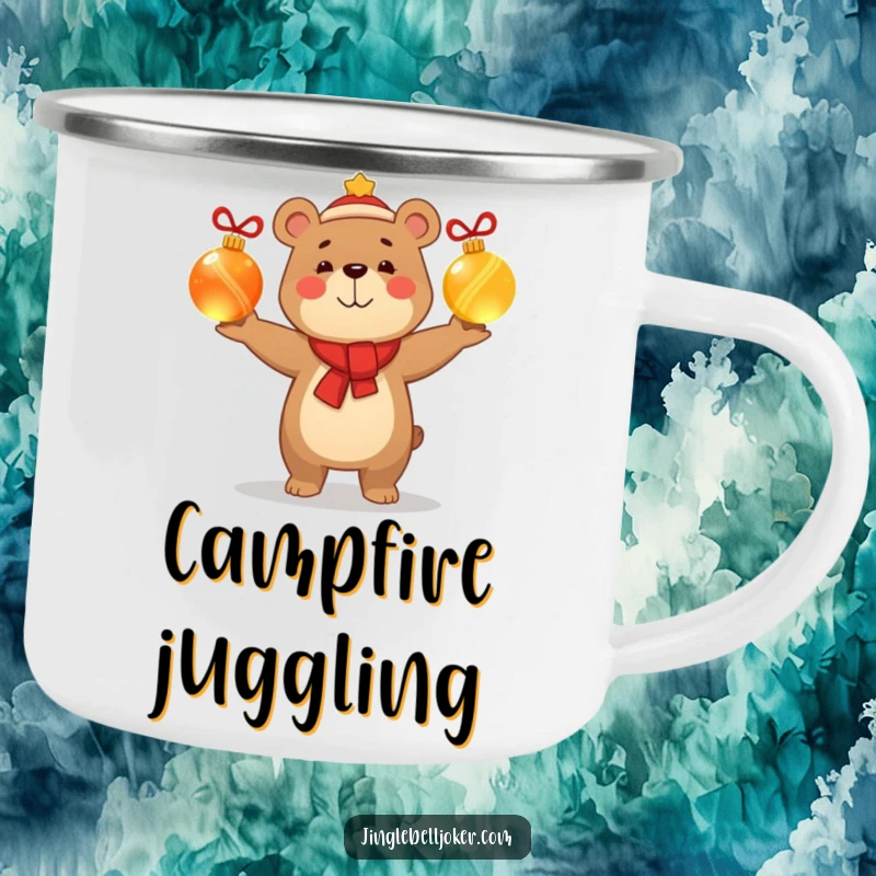 Funny camping mug showcasing a smug, happy bear character juggling glowing Christmas baubles, perfect for festive outdoor beverages and cheer.