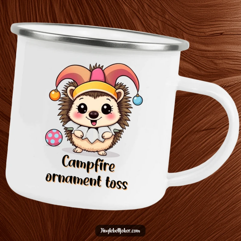Funny Jester Hedgehog Camping Mug: A cheerful hedgehog in a jester ruff juggles ornaments, designed for outdoor fun.