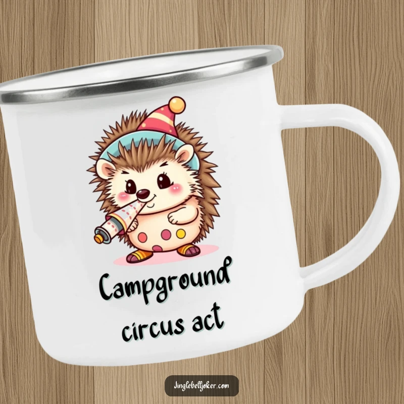Funny Kawaii Clown Hedgehog Camping Mug: A cute hedgehog dressed as a clown, blowing a loud party horn, for outdoor use.