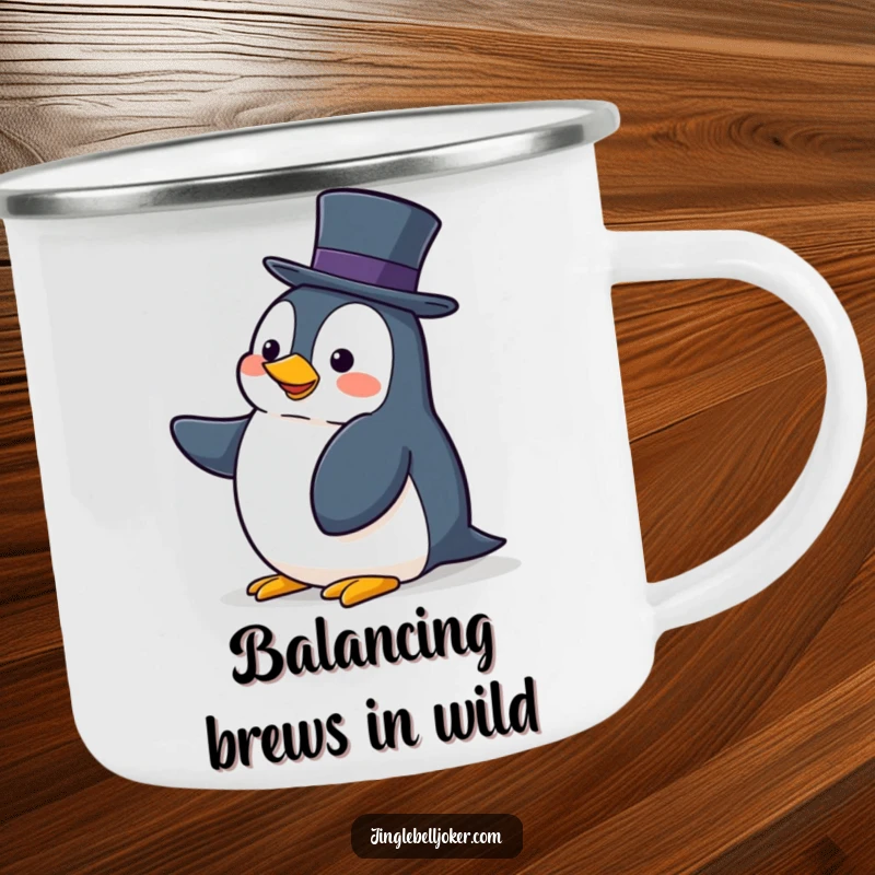 Funny camping mug with a clumsy penguin hilariously trying to balance a tall hat, great for outdoor drinks.