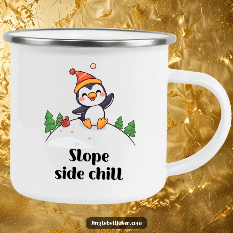Funny camping mug featuring a happy penguin jester character sliding down a festive slope, ideal for outdoor adventures.
