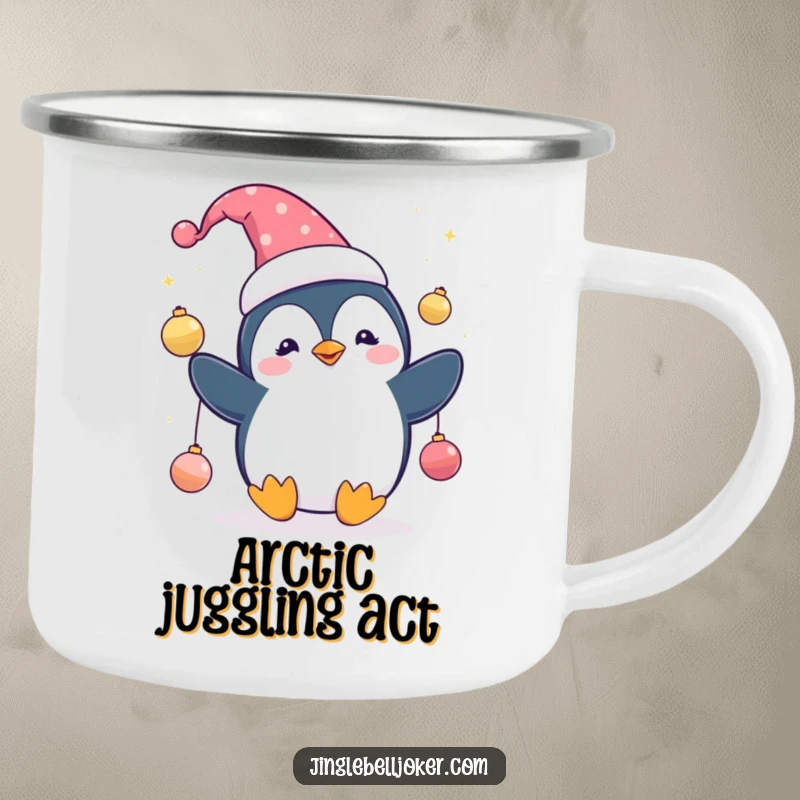 Funny Penguin Jester Camping Mug: Cute penguin character in a jester hat, juggling sparkling ornaments, festive outdoor gear.