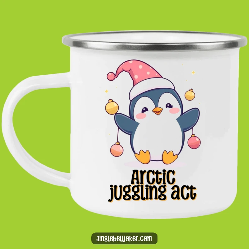 Funny Penguin Jester Camping Mug: Cute Character's Festive Juggling for Outdoor Fun