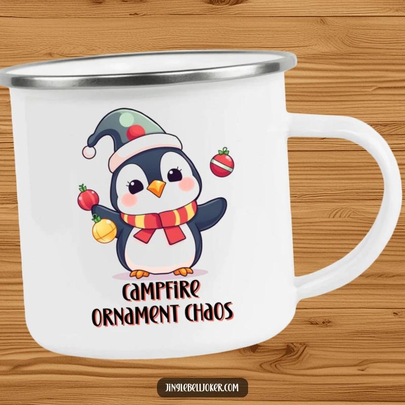 Funny Penguin Camping Mug: Cute penguin in a jester hat juggling colorful Christmas ornaments, for festive outdoor fun.
