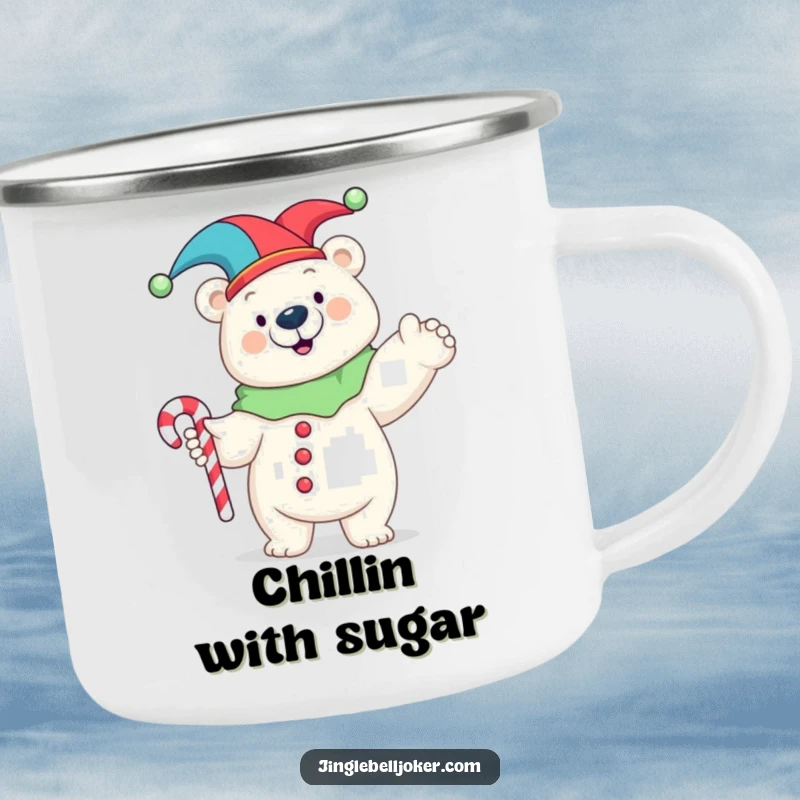 Funny camping mug with a happy polar bear in a jester costume striking a pose with a candy cane, ready for adventures and bringing humor.