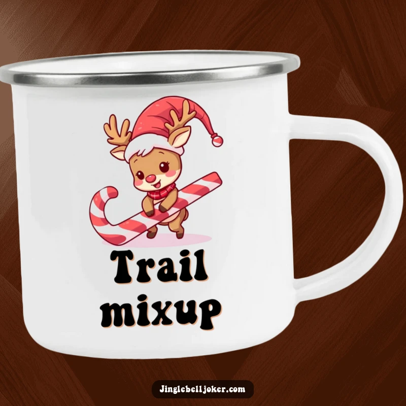 Funny Reindeer Jester Camping Mug: A reindeer in jester costume trips over a candy cane, great for outdoor humor.