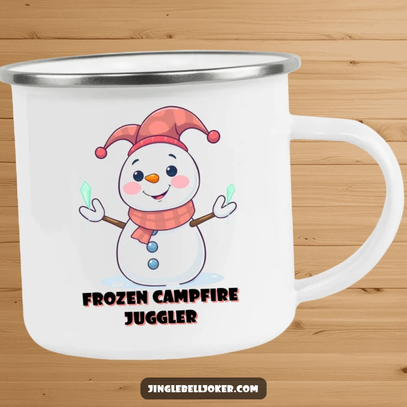 Funny Snowman Camping Mug: Smiling snowman in a jester hat juggling glowing icicles, for winter outdoor fun.