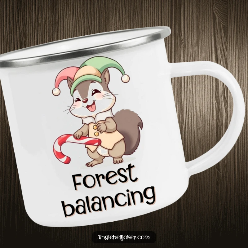 Funny camping mug showing a giggling squirrel in a jester outfit, hilariously balancing a candy cane, perfect for outdoor humor and drinks.